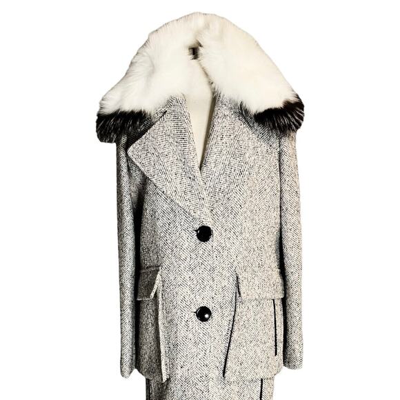 DEREK LAM 10 CROSBY Tweed Coat Wool Fur Collar Pockets White Black Designer 8 - Picture 12 of 14